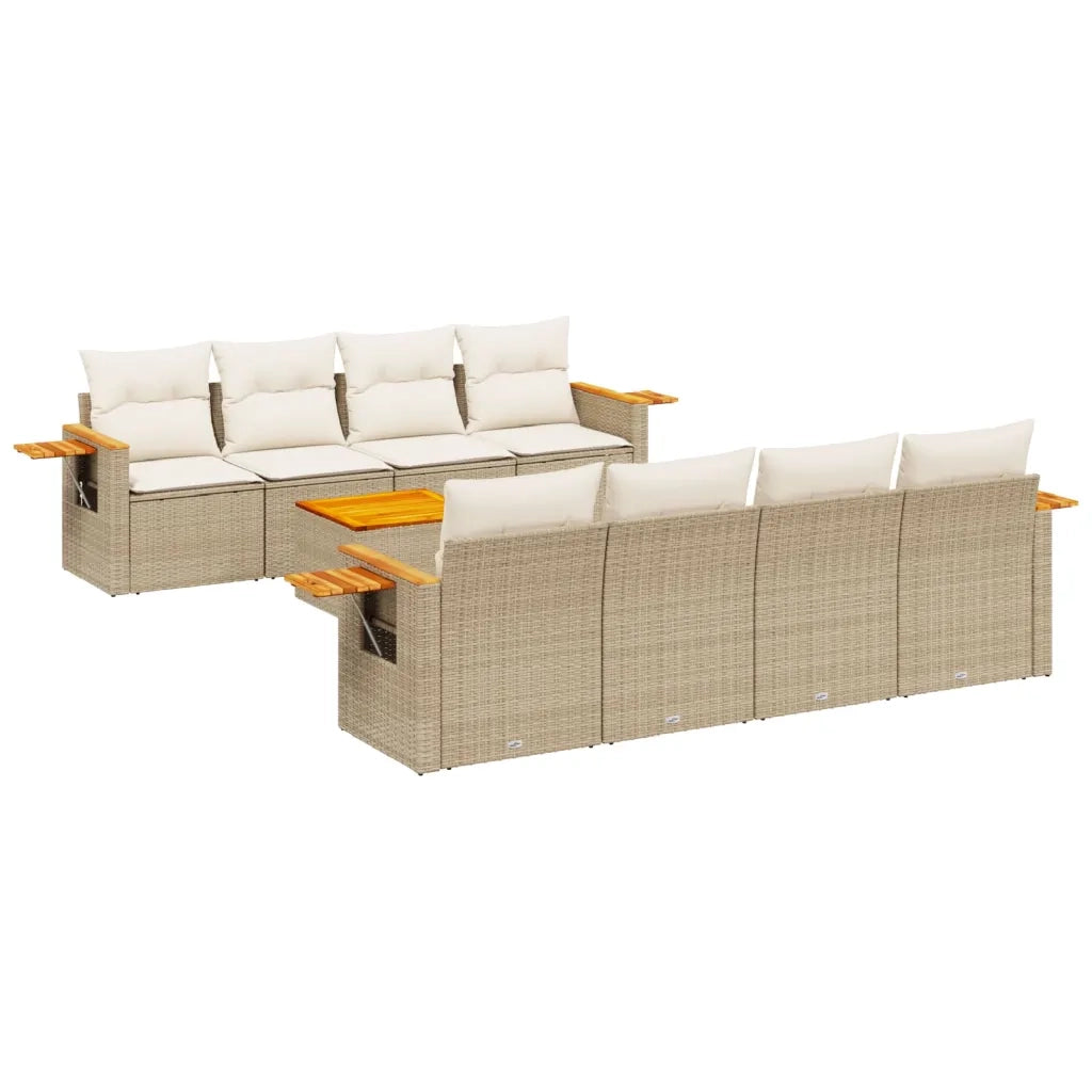 Set Divano da Giardino 9 pz con Cuscini Beige in Polyrattan