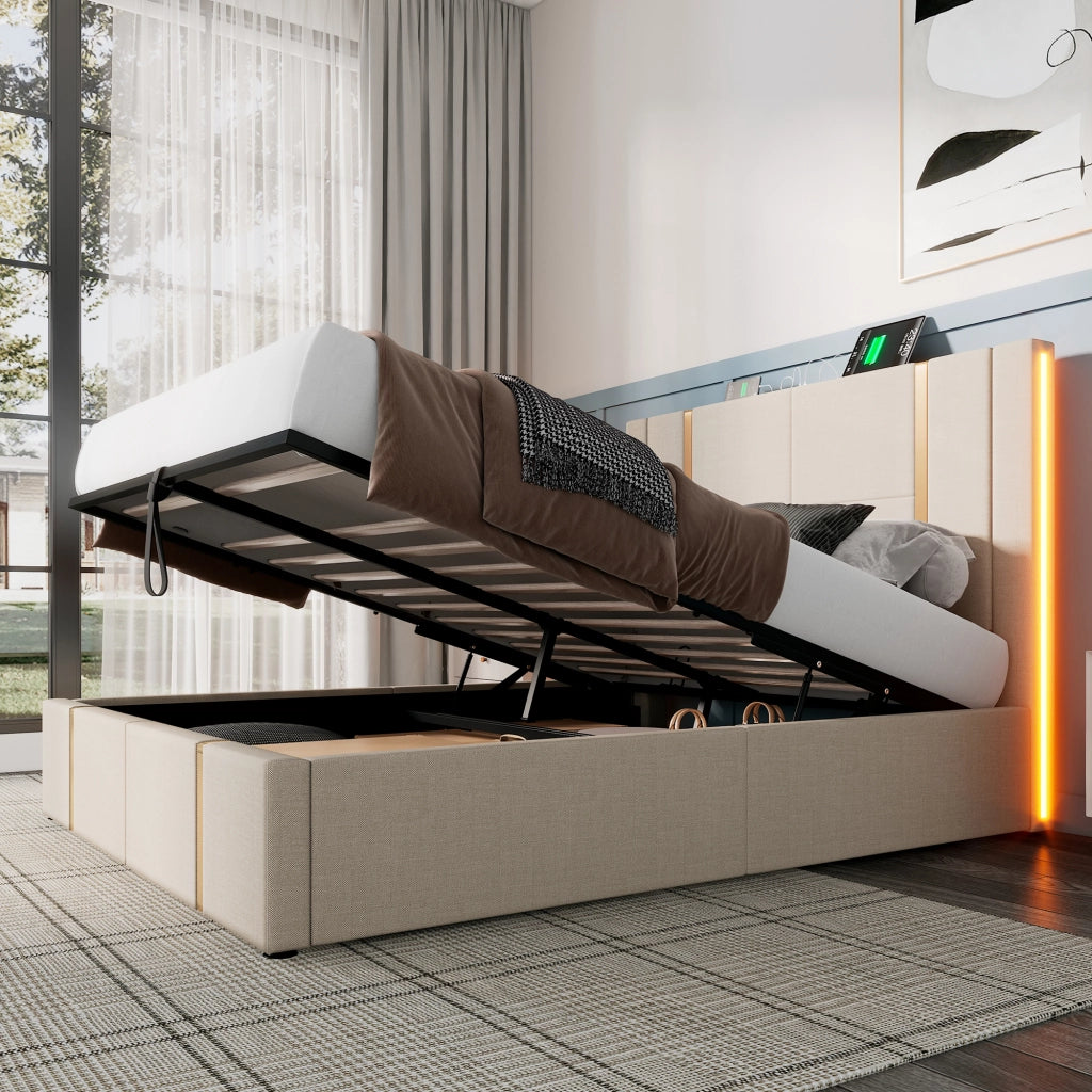 Letti contenitori 160x200 cm; rete contenitore con ricarica USB e LED; lino beige (Senza materasso)