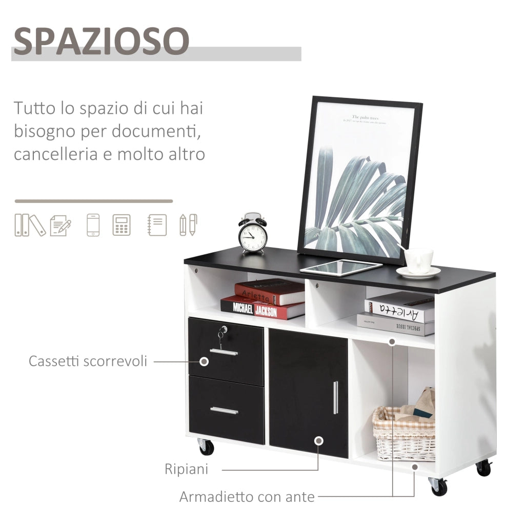 Mobile Porta Stampante con Cassetti 100x35x65 cm in Legno Truciolare Nero e Bianco