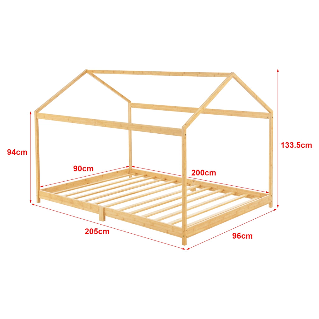 Letto per Cameretta ’Vindafjord’ a Forma di Casetta con Materasso 90x200 cm Bambù Naturale [en.casa]