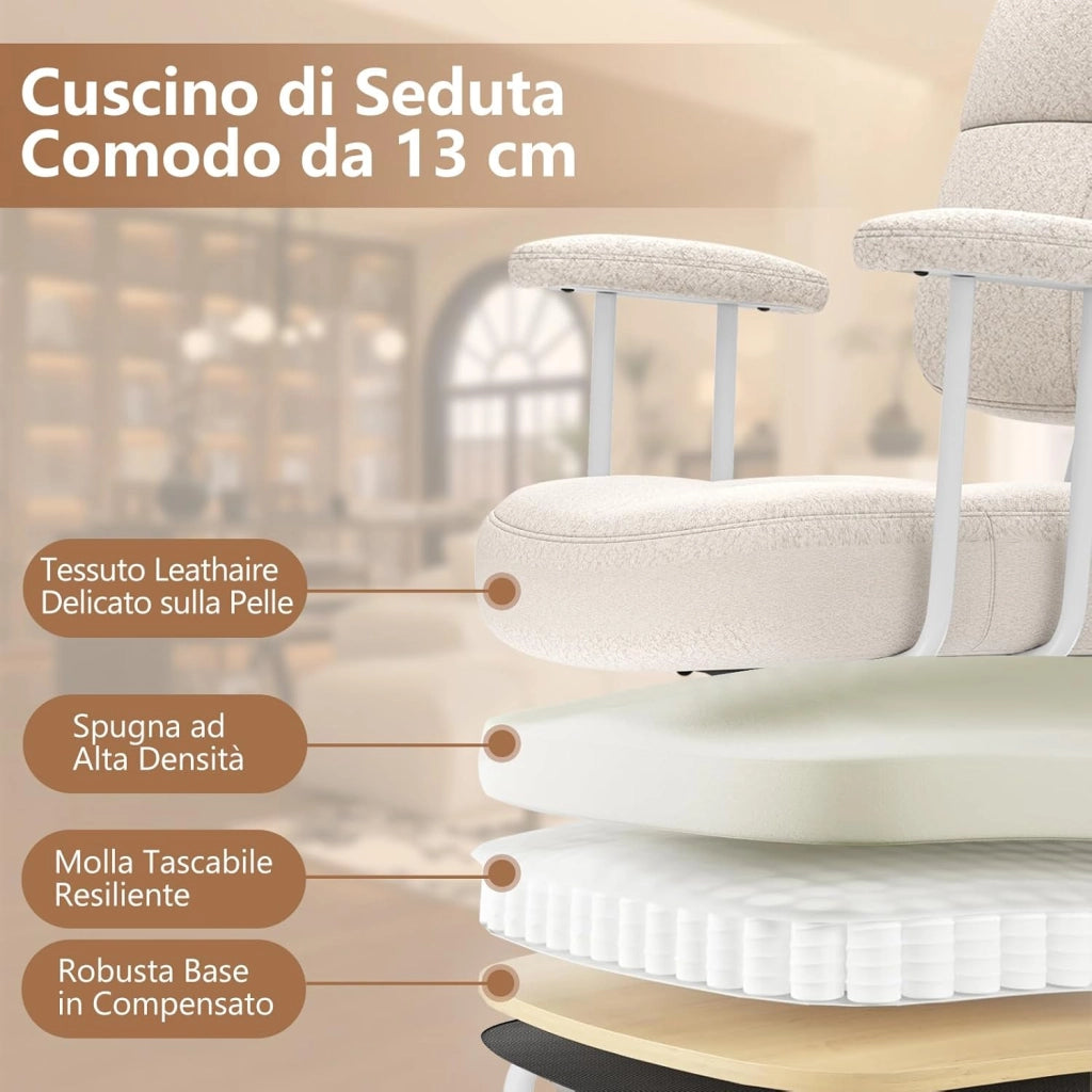 Sedia da Ufficio, con Schienale e Braccioli, Sedia Girevole Regolabile con Funzione a Dondolo e Ruote per Camera da Letto, Studio, Portata 150 kg (Bianco)