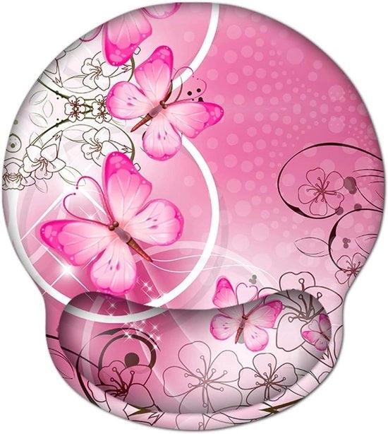 Matrice ergonomico con cuscino di supporto per mano, design floreale con motivi farfalla e fiore.