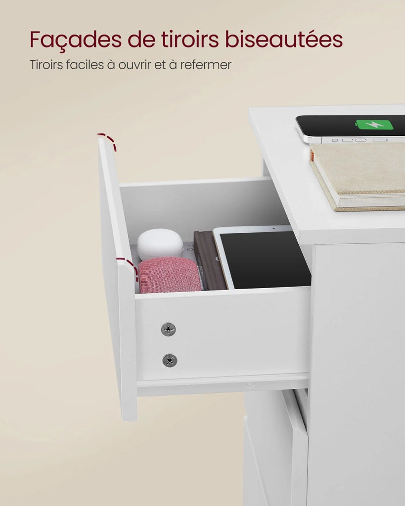 Comodino con multipresa tavolino con 3 cassetti 2 prese CA 2 porte USB frontali dei cassetti smussati per soggiorno camera da letto ufficio moderno bianco 12_0007610