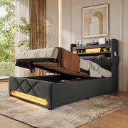 Letto singolo 90x200 cm con testiera contenitore; USB e Type-C; LED; grigio; lino