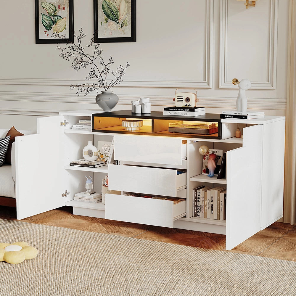 Credenza Soggiorno Angolare 140x40x68cm - Xylo - 2 Ante Lucide con LED Regolabile, Bianco e Nero