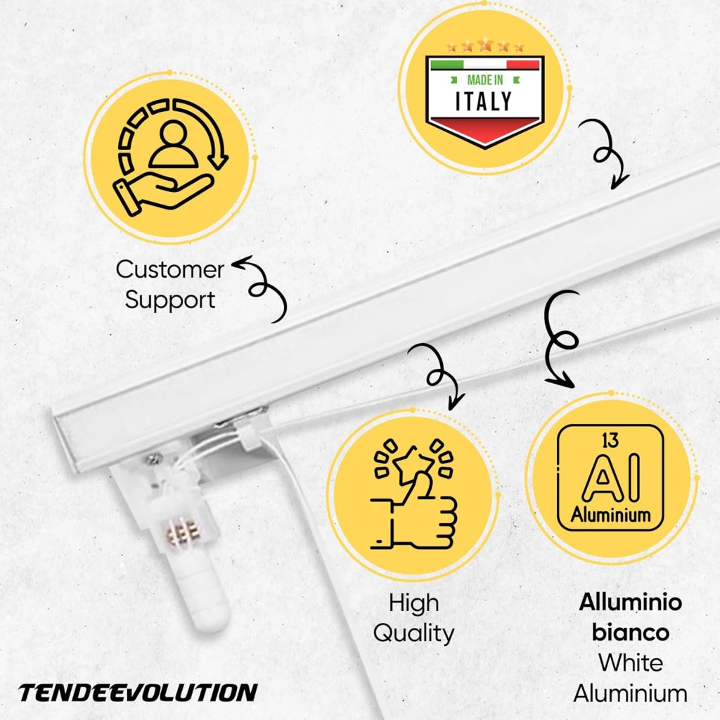 Bastone Binario per Tenda A Pacchetto A Vetro Professionale a 3 Calate in Alluminio Bianco Lunghezza 150 CM Comando a destra, attacco soffitto