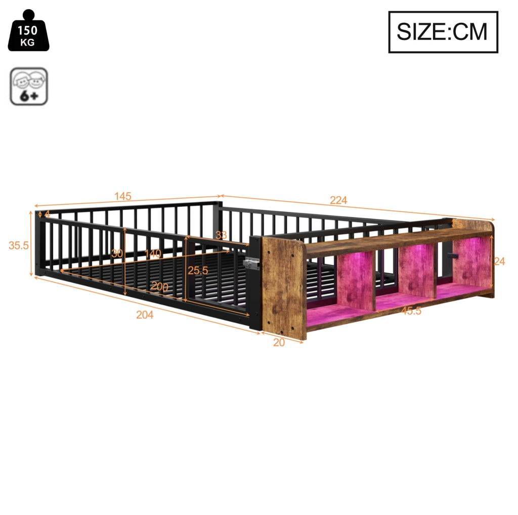 Letto in metallo 140x200 cm con contenitore aperto e luci LED