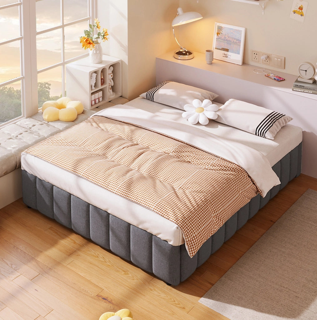 Letto matrimoniale imbottito 140x200 cm in lino grigio con contenitore idraulico; senza testiera