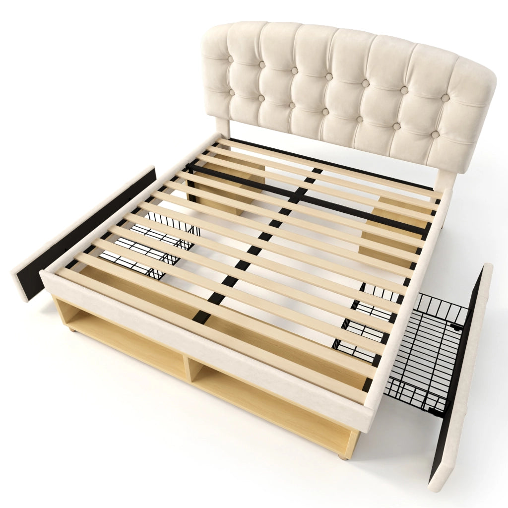 Letto Matrimoniale 140x200 Imbottito in Velluto Beige con Cassetti e Testiera Regolabile