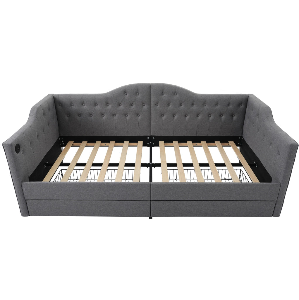 Letto da giorno 90x200 cm con USB C; USB e 2 cassetti; tessuto grigio