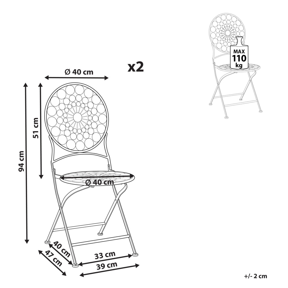 Set di 2 sedie da giardino Bistro in ferro rosso pieghevole all'aperto resistenza alla ruggine UV stile retrò francese