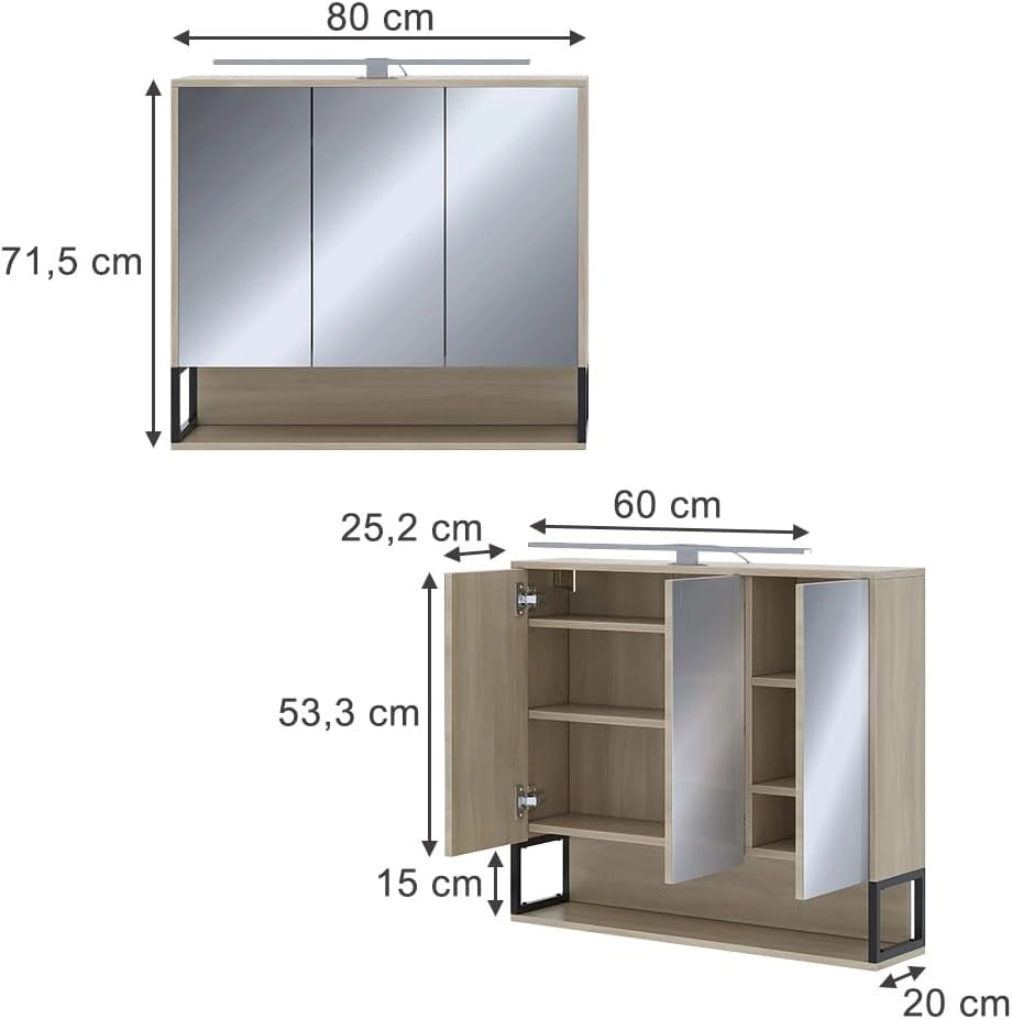 Mobile a specchio per il bagno Vionna, Quercia/nero, 80 x 71.5 cm con luce LED, con ripiano interno regolabile in altezza per un utilizzo flessibile