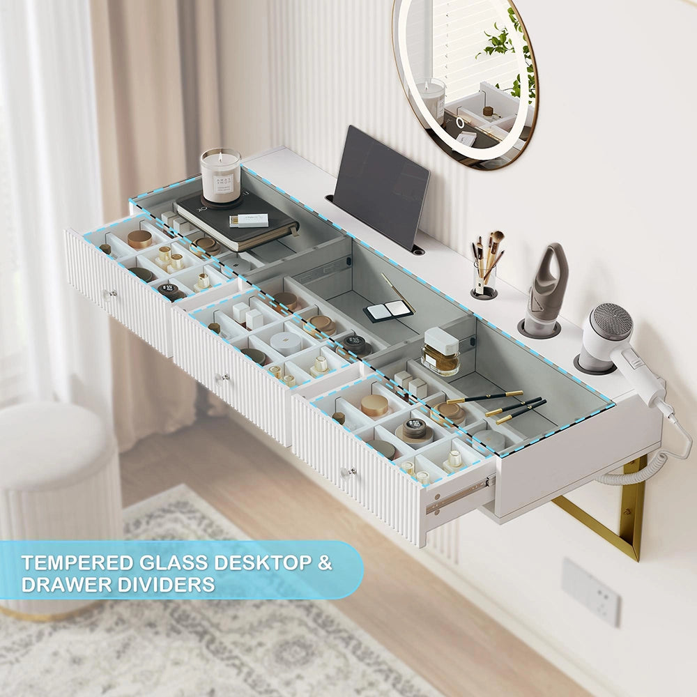 Coiffeuse sospesa con 3 cassetti - Xylo - 120¡Á40¡Á45cm - Bianco - Piano in vetro e porta bicchieri