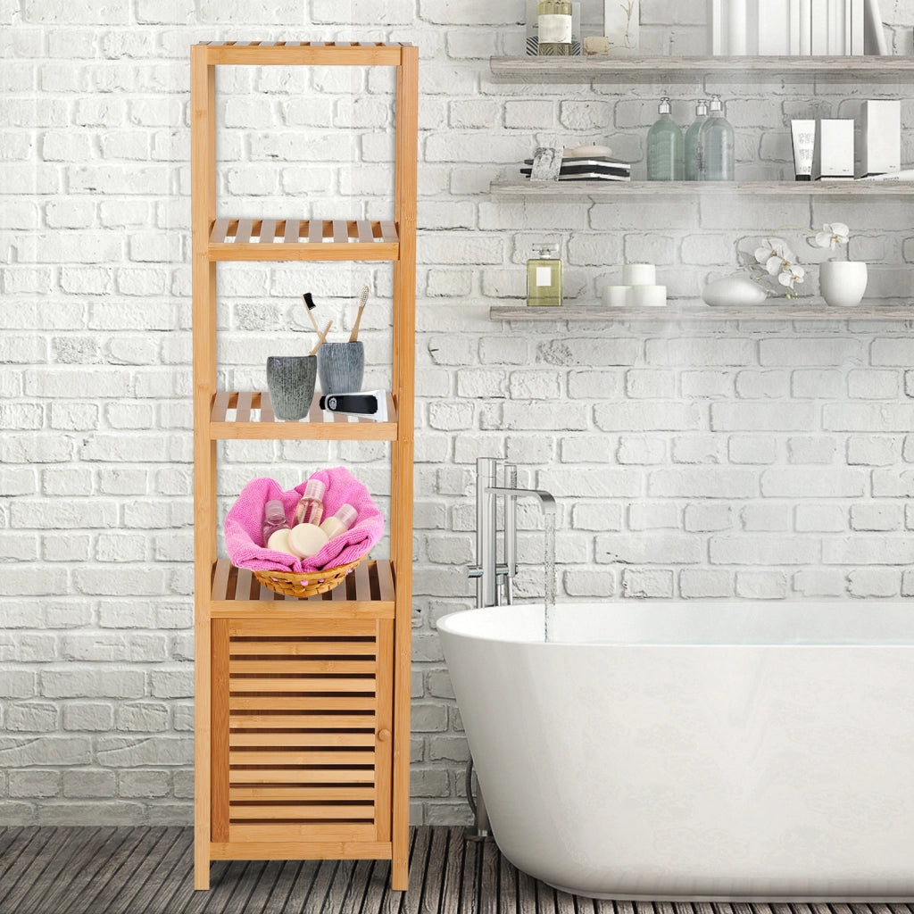 Mobile Bagno Bamb¨´ con 4 Ripiani e Armadietto ¨C zephmum ¨C Legno 36x33x140cm