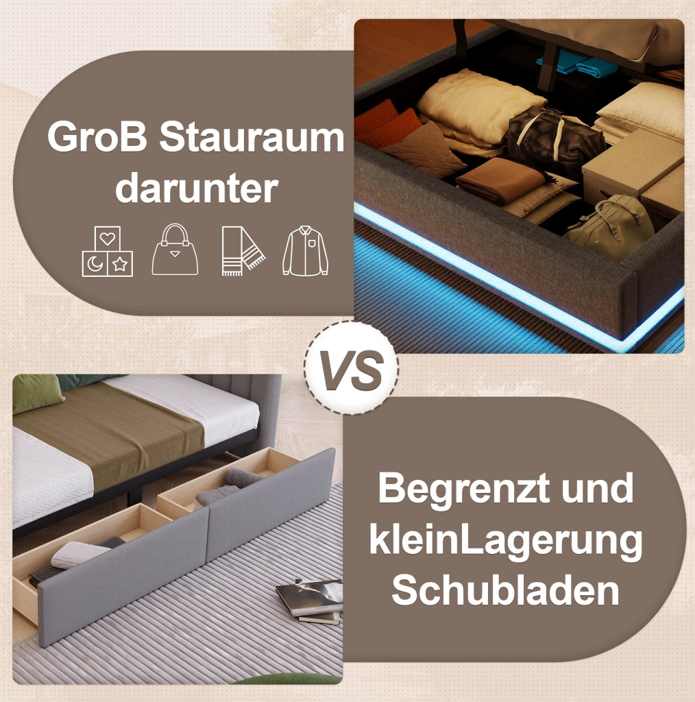 Letto imbottito 140x200 cm grigio con LED, USB-C e contenitore