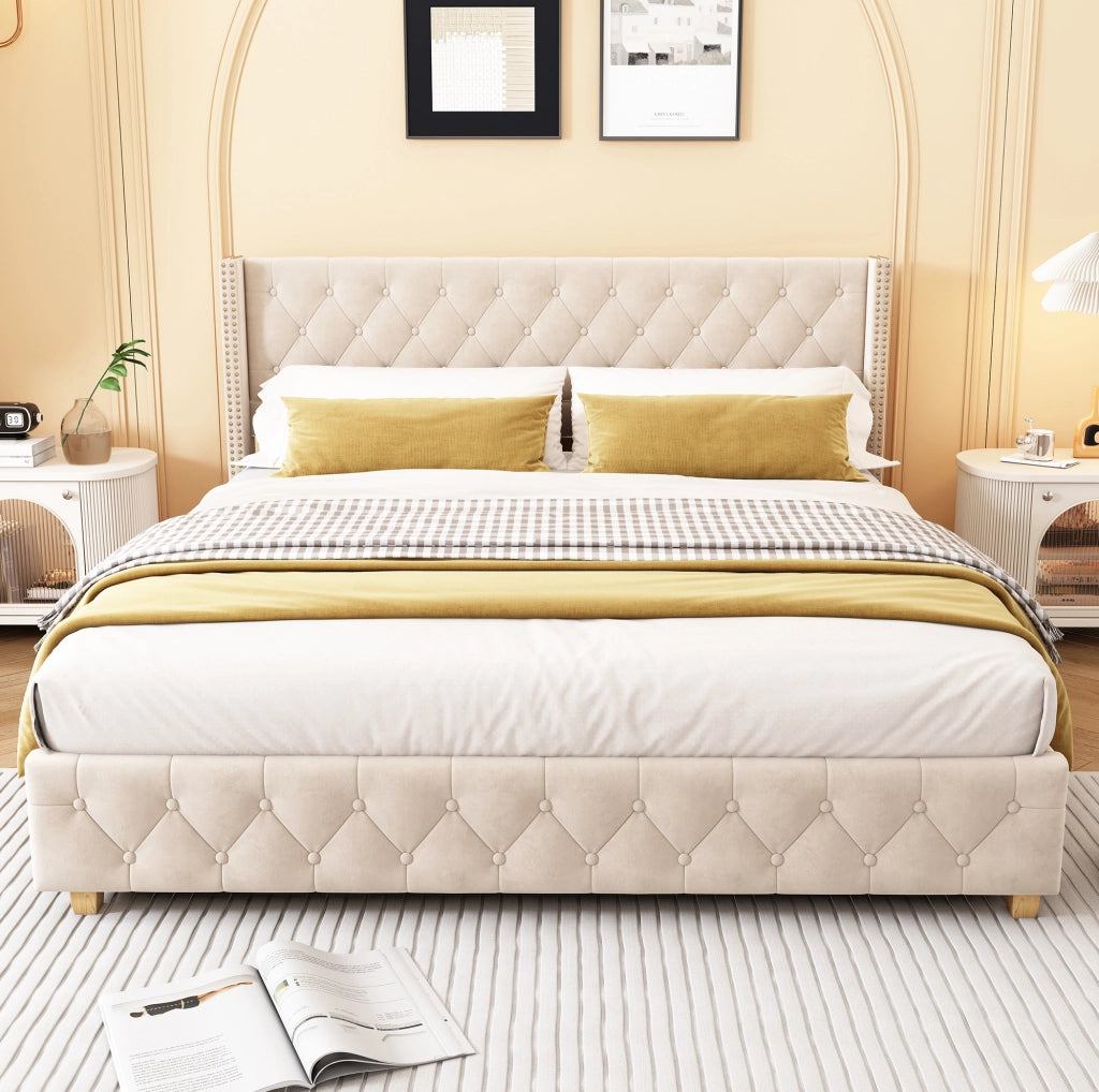 Letto matrimoniale imbottito 160x200 cm in velluto beige chiaro con testiera capitonné