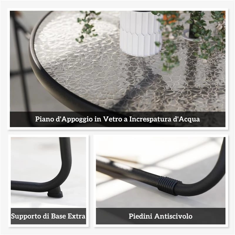 SET DA GIARDINO 6 PEZZI IN ACCIAIO CON 4 SEDIE PIEGHEVOLI OMBRELLONE E TAVOLO ROTONDO GRIGIO E NERO