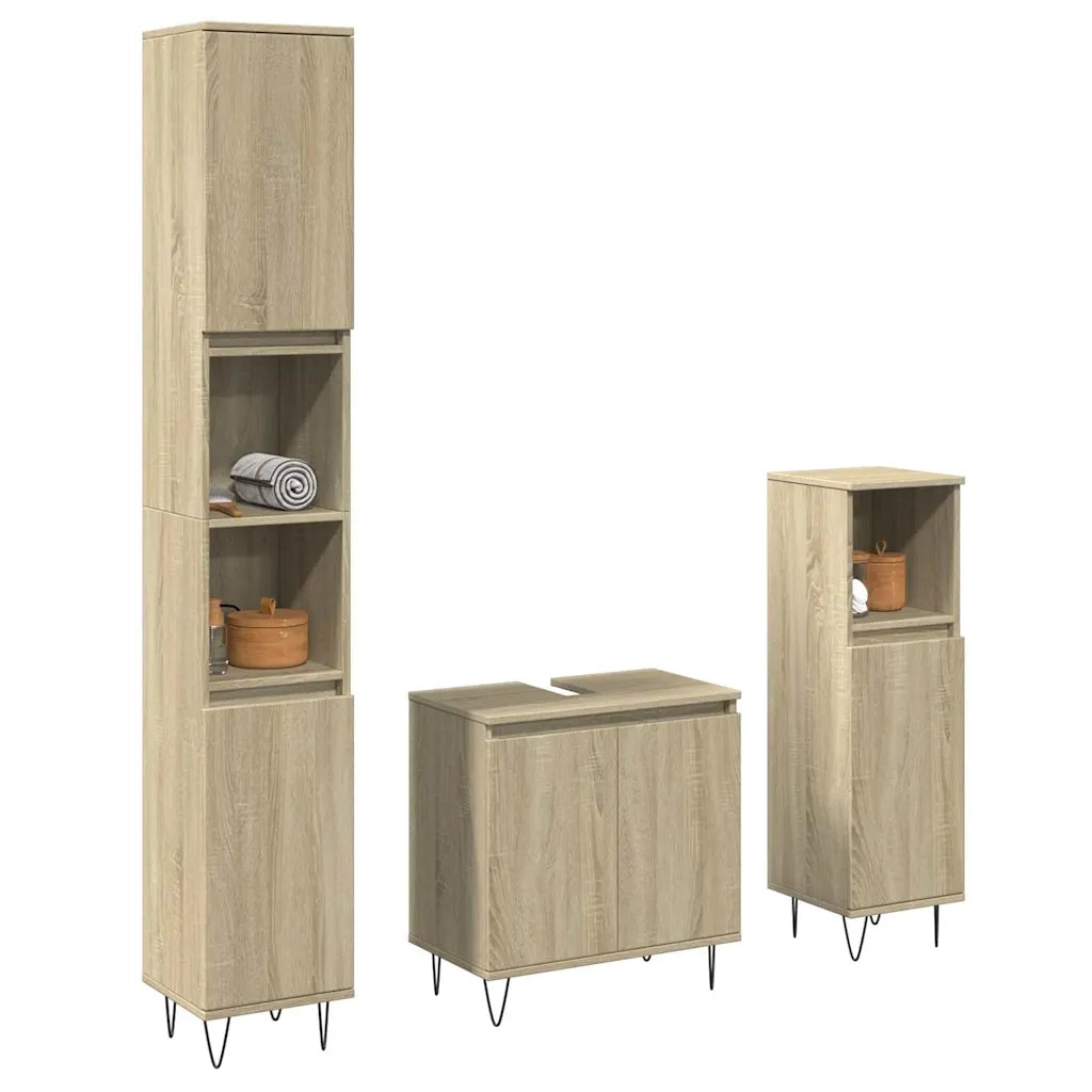 Set Mobili da Bagno | Armadio da bagno 3 pz Rovere Sonoma in Legno Multistrato