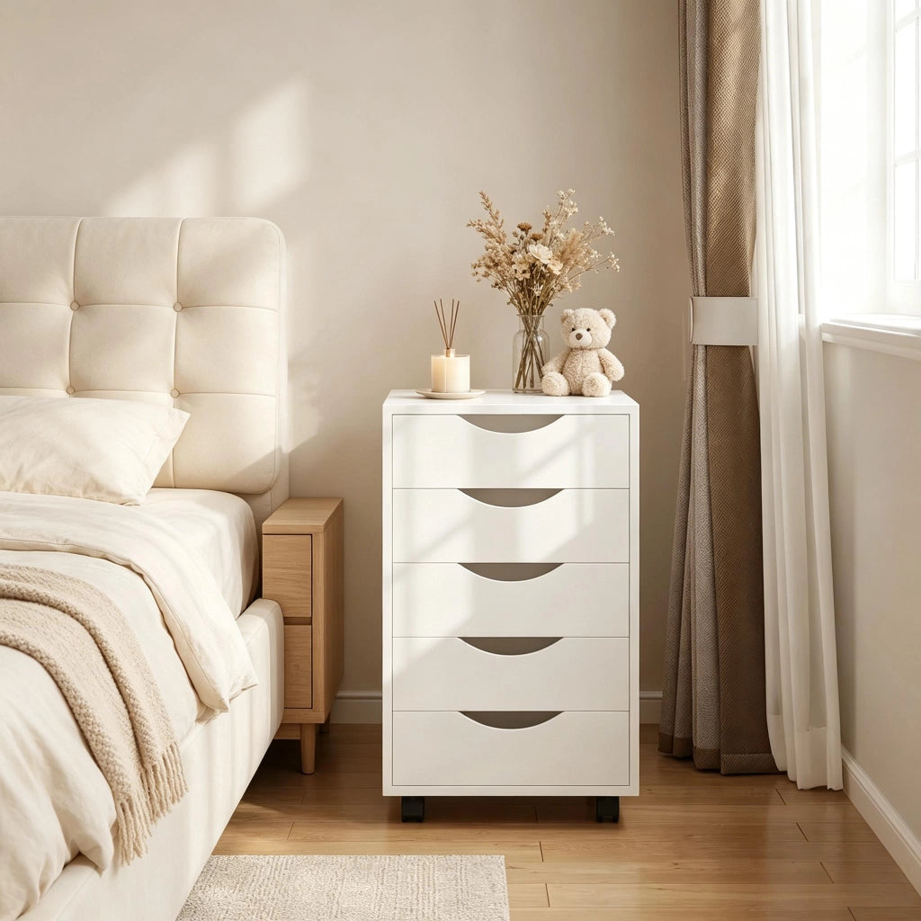 Mobile contenitore con 5 cassetti su ruote, armadietto archivio in legno ingegnerizzato, bianco, 40 x 40 x 66,5 cm