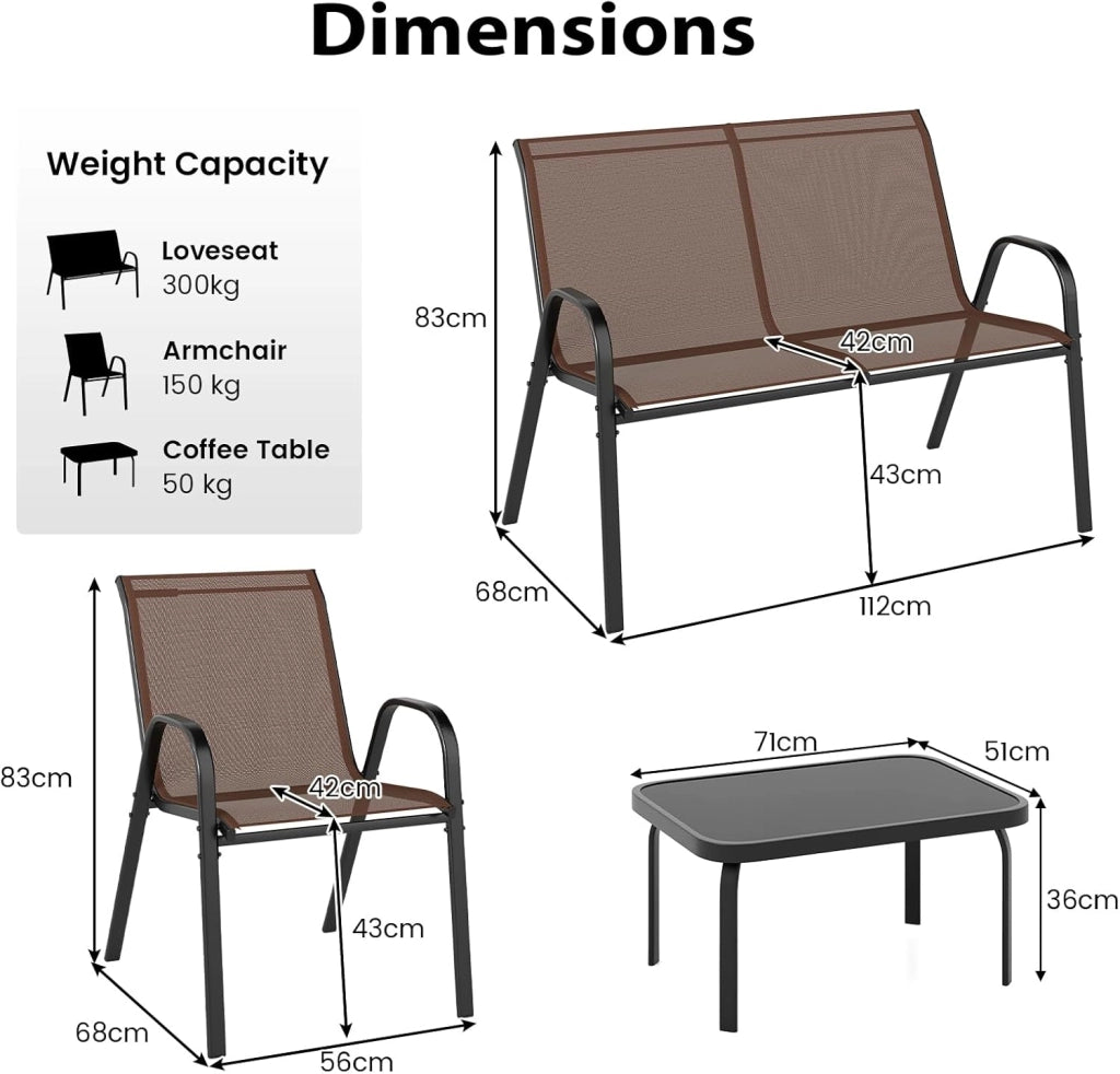 Set di mobili da giardino, 4 pezzi, per 4 persone, set di mobili da giardino, con 2 poltrone, 1 divano e 1 tavolino da caffè, mobili da esterno, per cortile, patio (marrone)