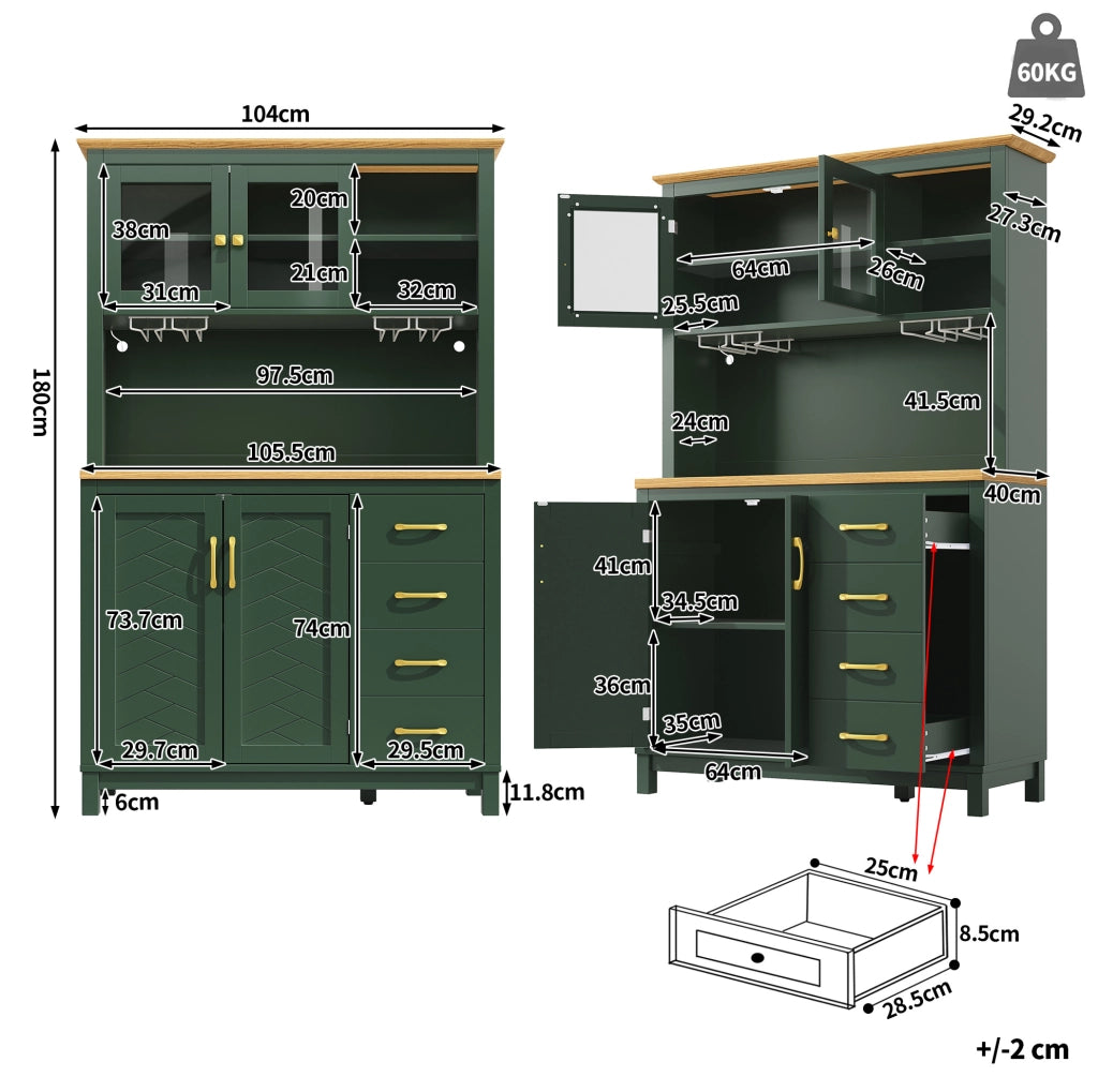 Mobile da cucina in MDF verde con LED, 105,5x40x180 cm