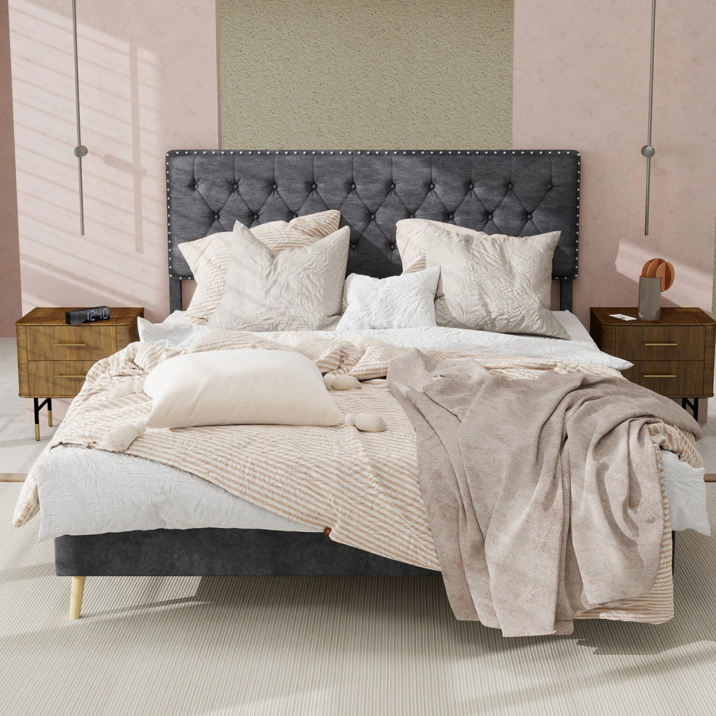 Letto Matrimoniale 140x200 cm con Testiera Imbottita e Spazio Sotto Struttura - Grigio