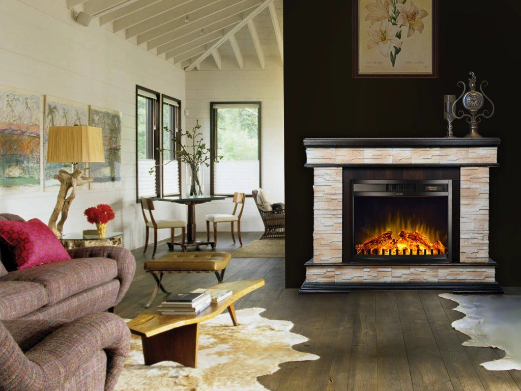 Camino Elettrico da Pavimento 88x118x30,5 cm Effetto Fiamma 1500W Stone & Zakinthos Noce