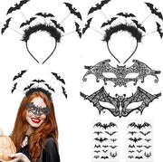 Set di 2 fasciature da pipistrello per Halloween con 2 occhiali da pipistrello + 2 denti da pipistrello, cappello da vampiro, unghie da pipistrello, fascia da capelli per Halloween, carnevale