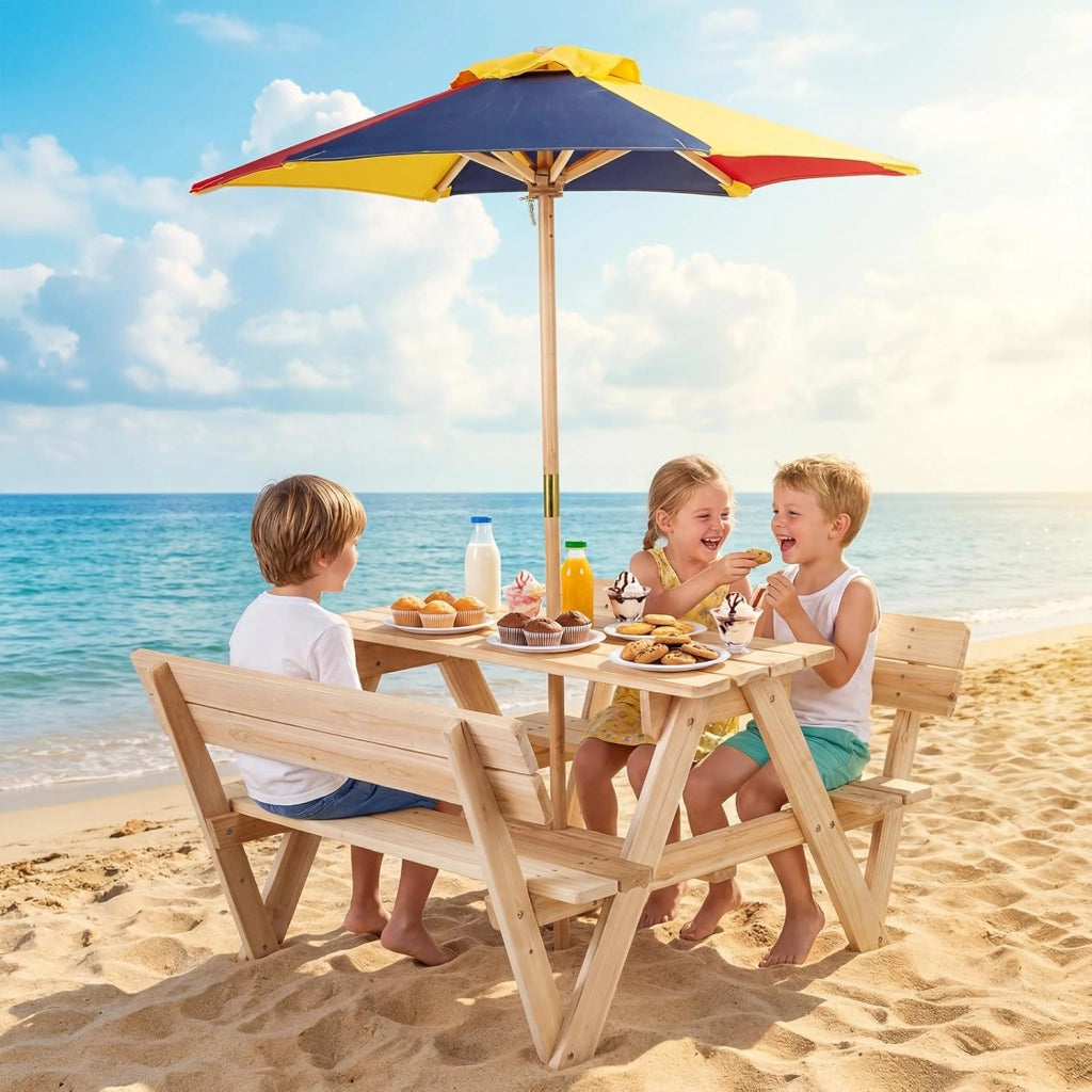 Tavolo da Picnic per Bambini, Set Tavolo e Panche da Giardino con Ombrellone Regolabile in Altezza e Struttura in Legno Massello per Campeggio e Picnic per Bambini 3-8 Anni
