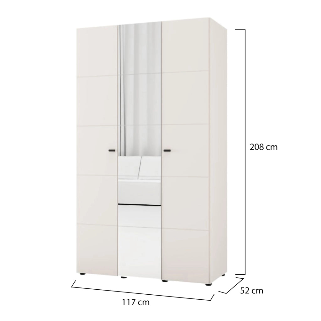 Armadio Camera da Letto Ouarza, Guardaroba 3 Ante Appendiabiti, 117x52 cm Bianco Crema