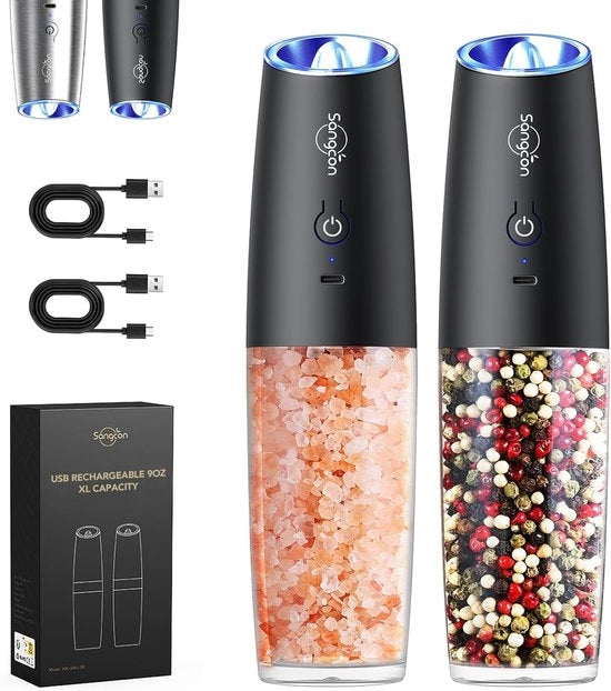 Set di macinatrici elettriche di sale e pepe 255 g alta capacità caricabile via USB - illuminazione a LED - comando a una mano - regolazione di grana - rifinamento automatico - nero