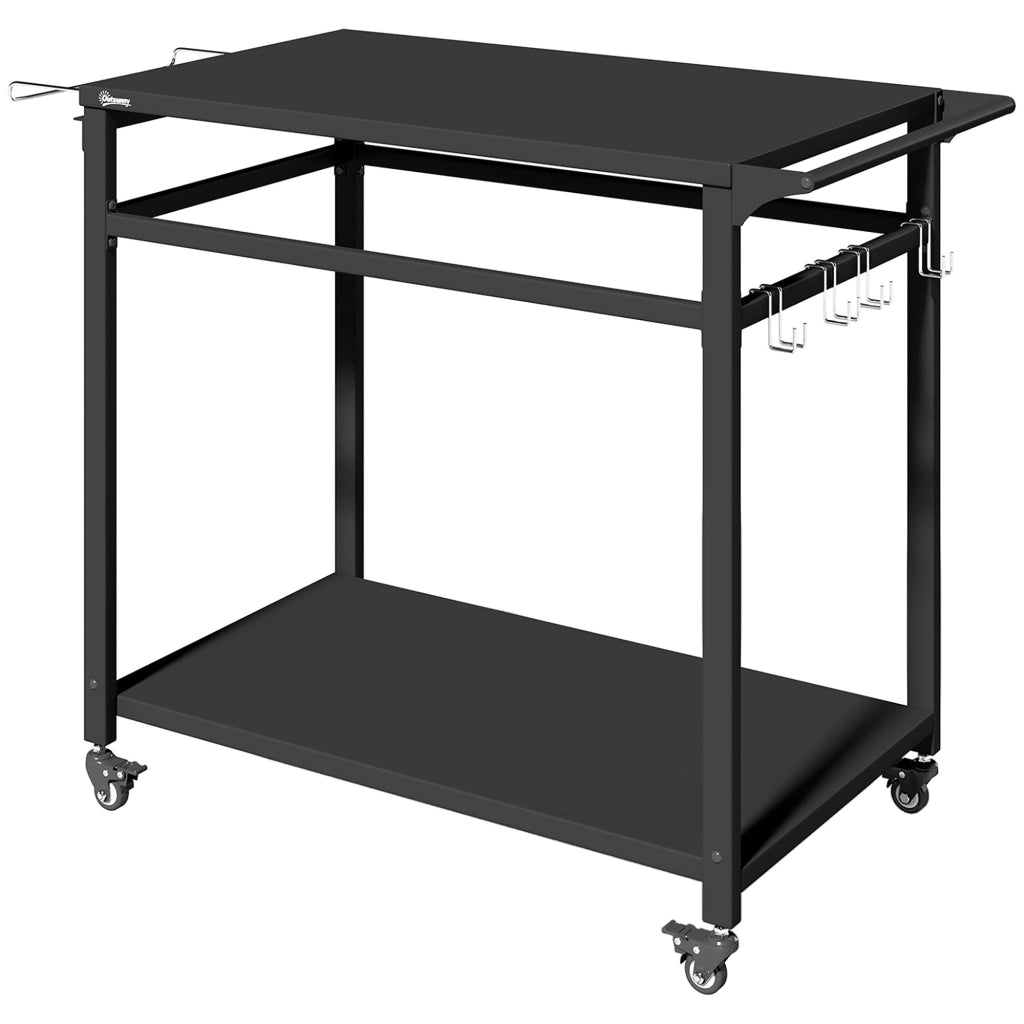 Carrello Barbecue, 2 Ripiani, Supporto Pizza, Portasacchi e Ganci, Nero.