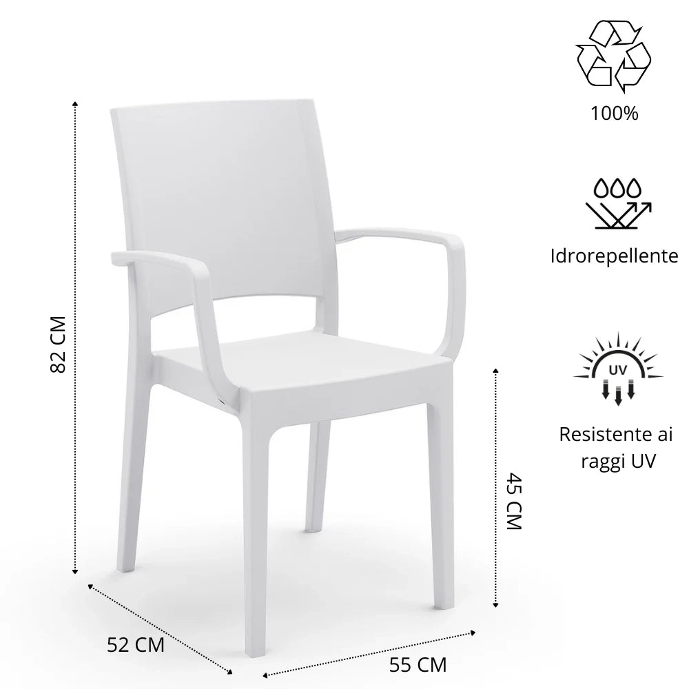 Sedia con braccioli in polipropilene FLORA, MADE IN ITALY, impilabile, resistente ai raggi UV, design moderno, ideale per interno ed esterno, colore Bianco