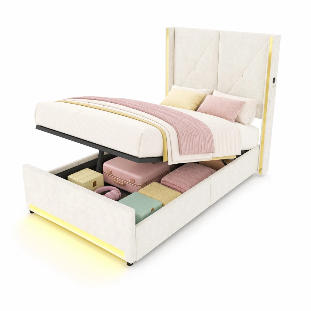 Letto imbottito in velluto beige 90x200 cm con testiera alta, tasche laterali, USB/Type-C, LED e contenitore