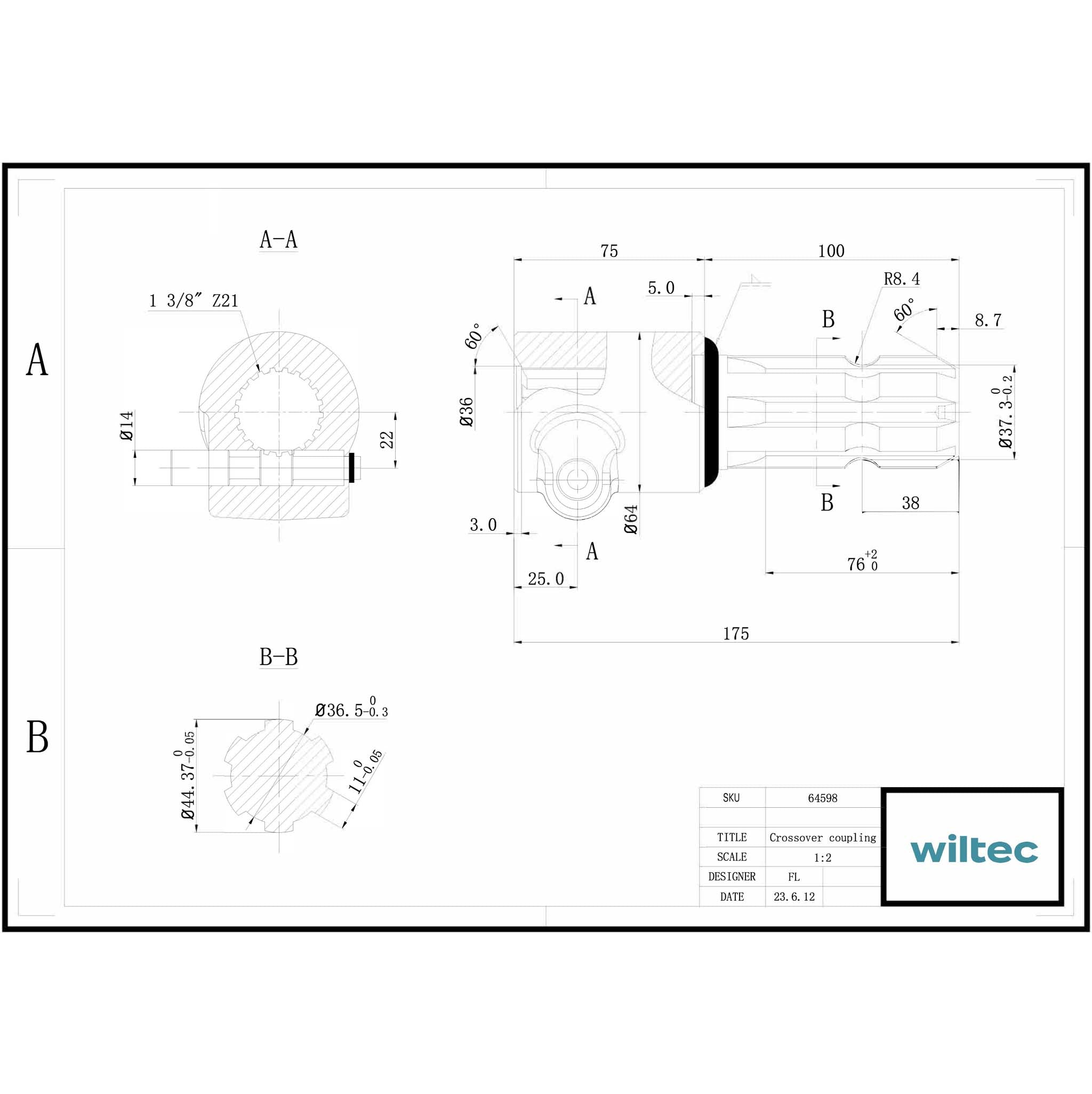 Boccola albero cardanico 175 mm Attacco albero scanalato 1 3/8" 21 denti Albero uscita 1 3/4" 6D