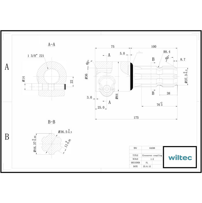 Boccola albero cardanico 175 mm Attacco albero scanalato 1 3/8" 21 denti Albero uscita 1 3/4" 6D