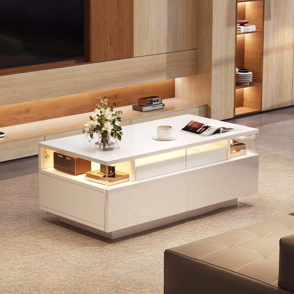 Tavolino da caffè 90 x 45 x 35,5 cm bianco lucido con vassoio estraibile, 2 cassetti, LED e piano in vetro temperato