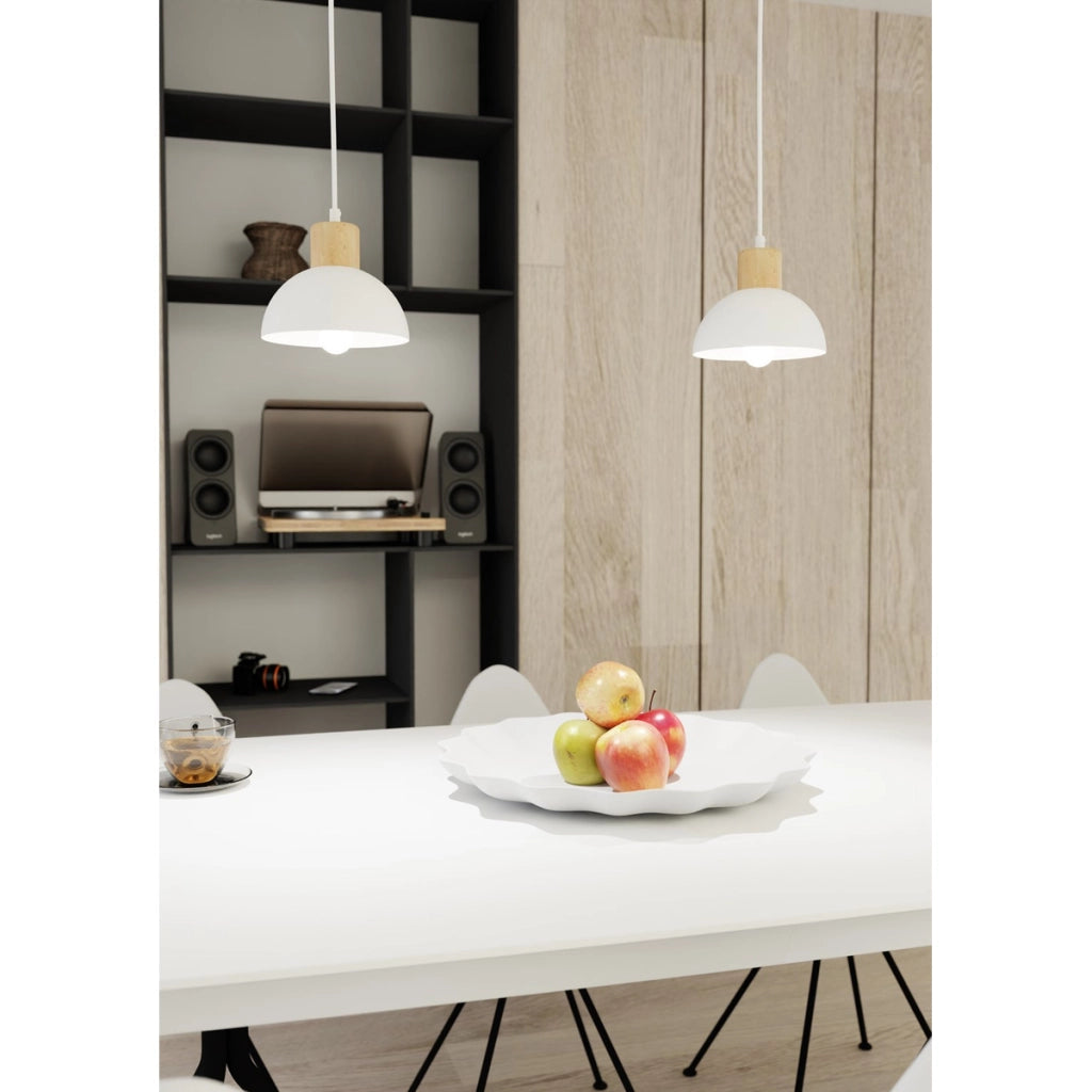 Lampada a sospensione Seco in acciaio bianco e legno