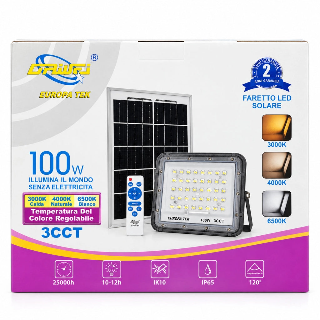 FARO LED SOLARE 100W 3CCT DA ESTERNO IP65 TELECOMANDO PANNELLO LUCE 120 ET-31773