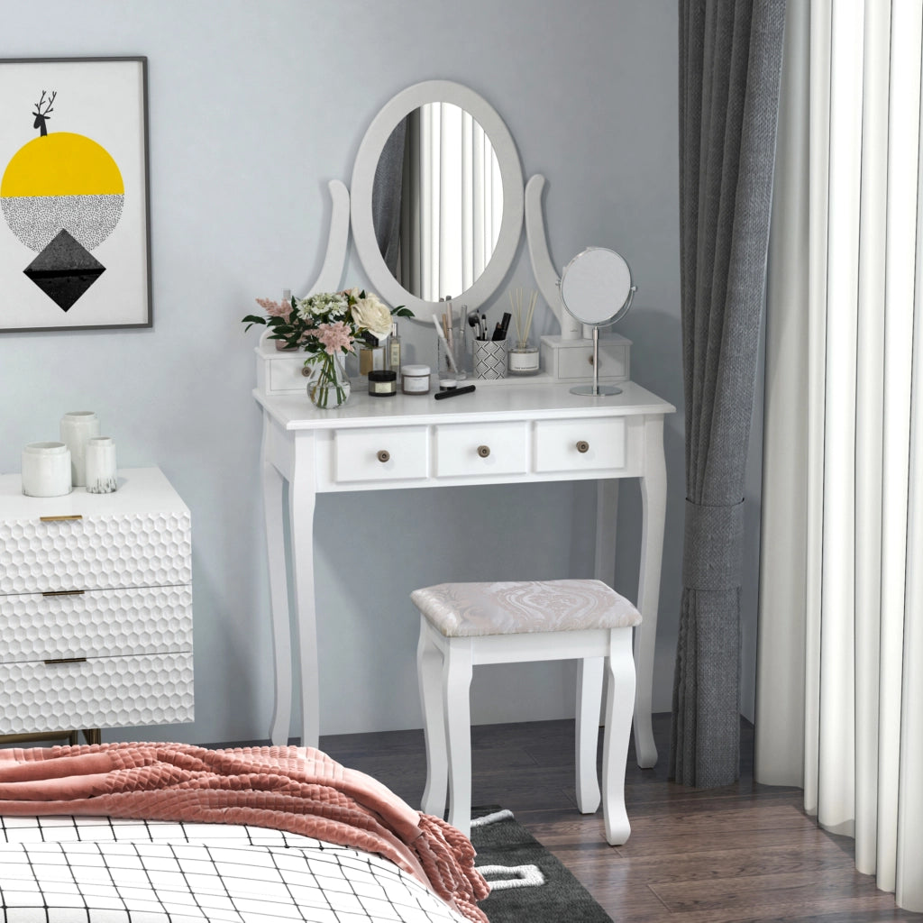 Cassettiera con Specchio e Sgabello ¨C Xylo ¨C 5 Cassetti Bianco MDF