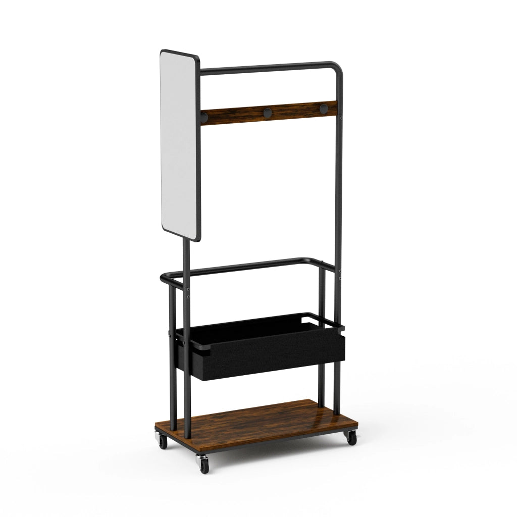 Appendiabiti con Specchio e Cestello su Ruote ¨C MINIMAL ¨C Marrone Vintage, 70x40x170 cm