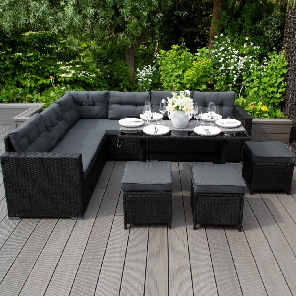 Set d'angolo in rattan Mobili da giardino Nero Divano Sgabelli Tavolo Cuscini Impermeabili