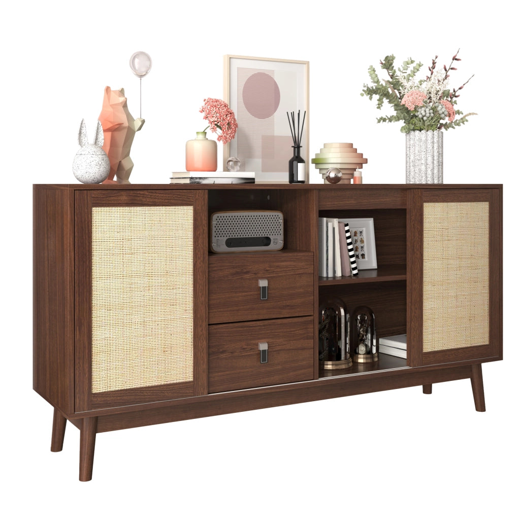 Credenza con ante scorrevoli in rattan - Zephmum- 155x38x80 cm, stabile e versatile