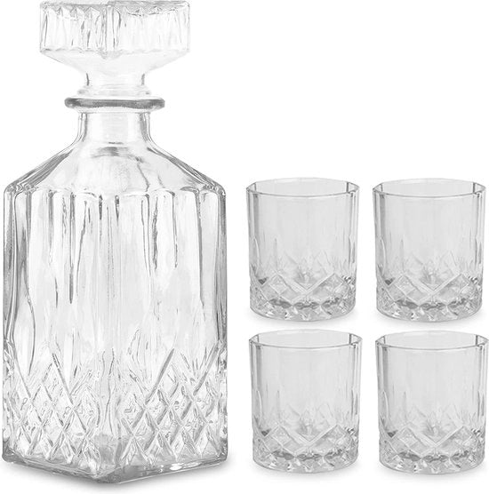 Karaf da whisky 900 ml completo di 4 bicchieri da whisky - bicchiere da caraffa in vetro cristallo - caraffa da whisky per servire e come regalo - caraffa per la casa bar (900 ml con 4 bicchieri)