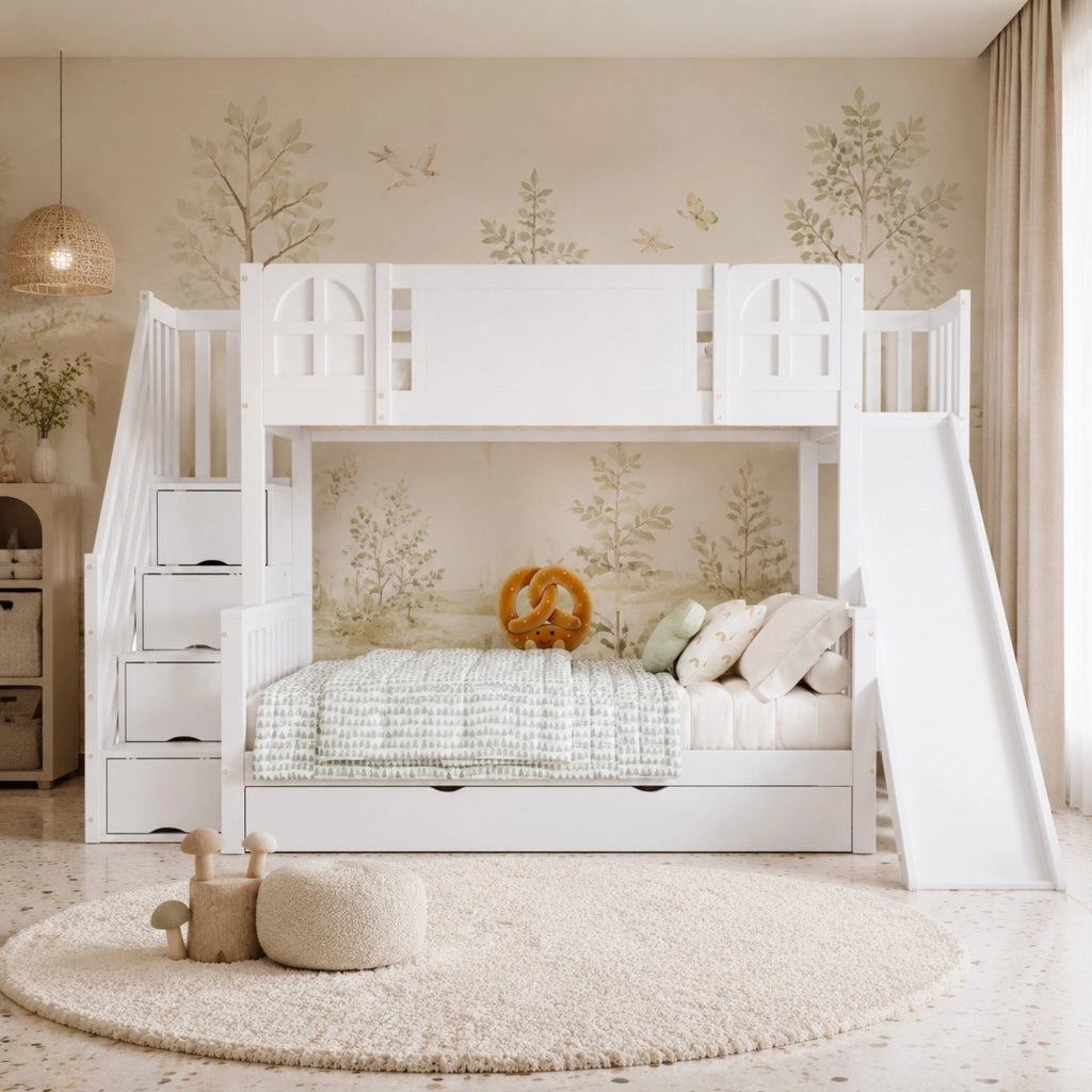 Letto a castello per bambini con scivolo e cassetto