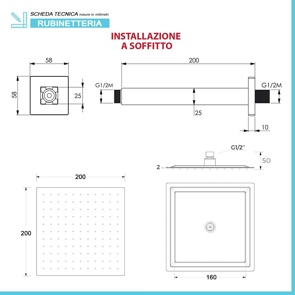 Set doccia in ottone con braccio verticale e soffione quadrato 20x20 cm e kit doccetta cromo