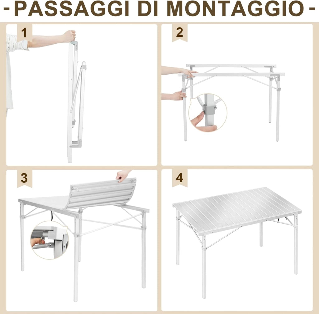 Tavolo Campeggio Pieghevole in Alluminio Tavoli Richiudibili Portatile da Giardino Picnic Buffet Tavolino da balcone, Esterno/Interno, Elevata capacità di carico 104×69×70cm Argento