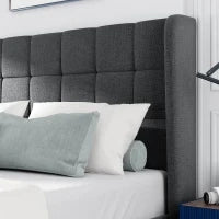 Letto matrimoniale con imbottito Testiera e Rete a doghe, Design elegante in lino, senza Materasso, 140x200 cm, Grigio