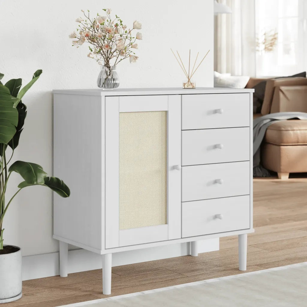 Credenza | Madia | Buffet da pranzo | Armadio da pranzo SENJA Aspetto Rattan Bianco 80x40x80 cm Massello Pino