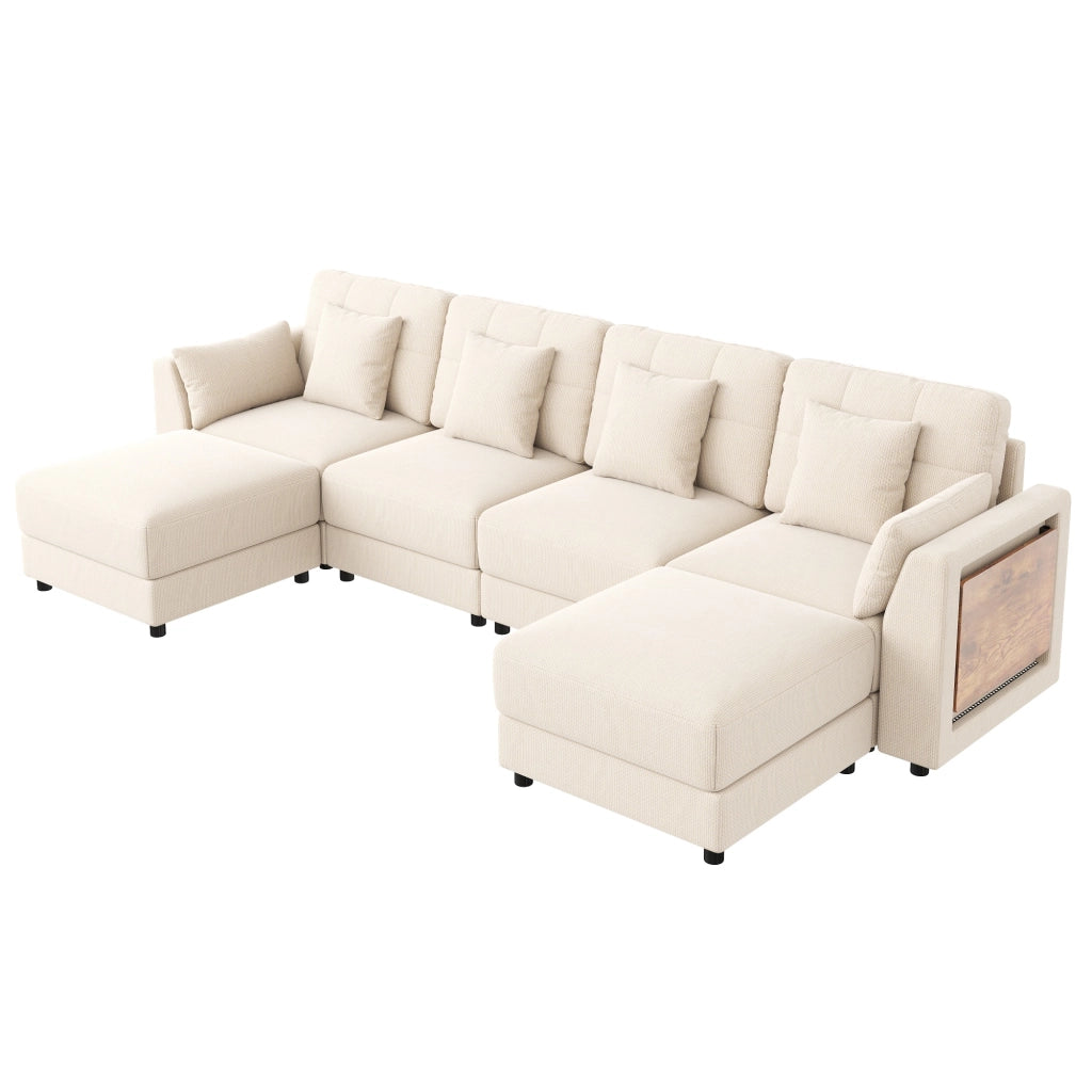 Divano modulare a U/L con 2 pouf mobili, LED, tavolino pieghevole e 6 cuscini, beige
